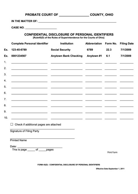 Fillable Ohio Probate Form Confidential Disclosure Of Personal