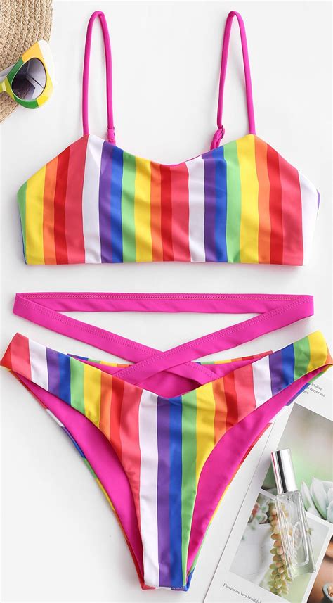 Rainbow Criss Cross High Leg Bikini Swimsuit Bikinis Swimwear Swimsuits