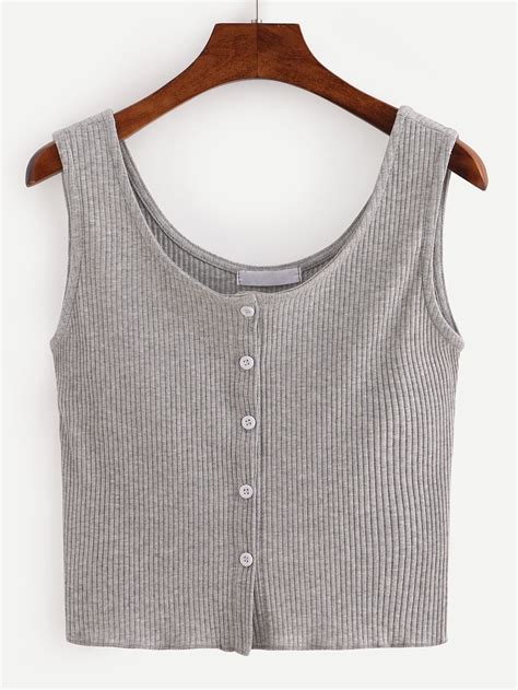 Buttoned Front Ribbed Knit Crop Tank Top Grey Sheinsheinside Knitted Crop Tank Top Crop