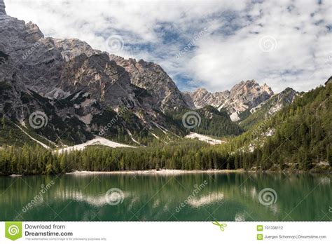 Beautiful Lago Di Antorno Lake At Background Drei Zinnen Tre Cime Di