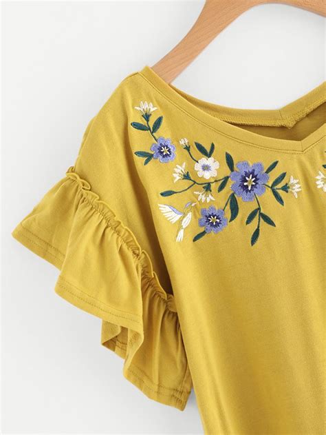 shein flower embroidered frilled sleeve tee embroidered clothes embroidery designs fashion