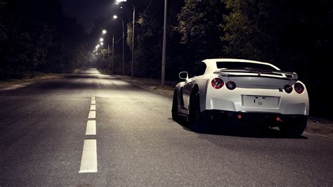 White Nissan 35 Gtr At Night Rear High Definition Wallpapers Hd