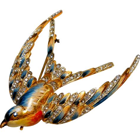 Signed Coro Craft Sterling Enameled And Rhinestones Swallow Brooch Circa 1943 Artsy Jewelry