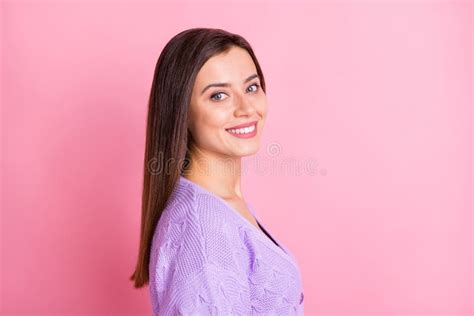 profile portrait of optimistic nice girl wear lilac sweater isolated on pink color background