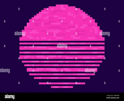 Retro Sunset 80s In Pixel Art Style 8 Bit Pink Sun Synthwave And