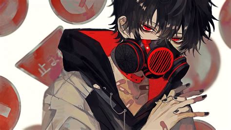 Download 1920x1080 Anime Boy Gas Mask Red Eyes Black