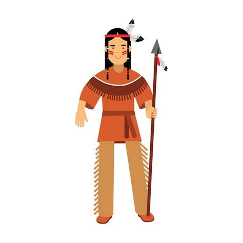 indio nativo americano en traje típico de pie con lanza vector ilustración aislada sobre fondo