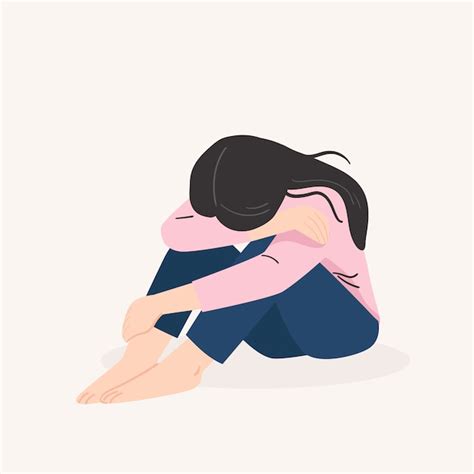 Sad Lonely Woman Depressed Young Girl Vector Illustration In Flat