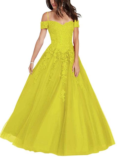 Ever Beauty Womens Off Shoulder Tulle Prom Dress 2019 Long Aline Lace Applique Evening Ball Gown