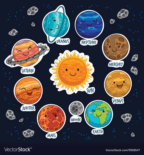 Sticker Set Of Solar System With Cartoon Planets Vector Image On