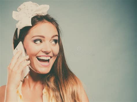 Pretty Pin Up Girl Woman Talking On Mobile Phone Stock Photo Image