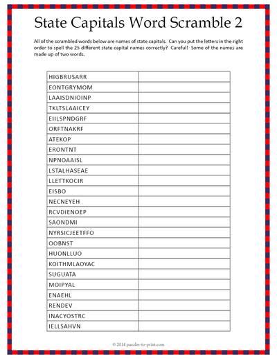State Capitals Word Scramble Worksheet 2