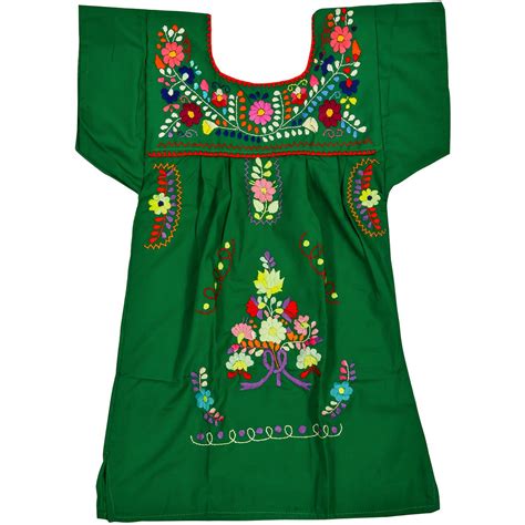 Dark Green Girls Peasant Hand Embroidered Mexican Dress Meximart