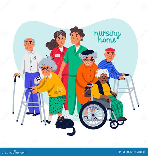 Nursing Home Concept Group Of Elderly People And Social Workers On