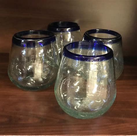 Handblown Recycled Glass Stemless Wine Glasses Cobalt Blue Rim Etsy