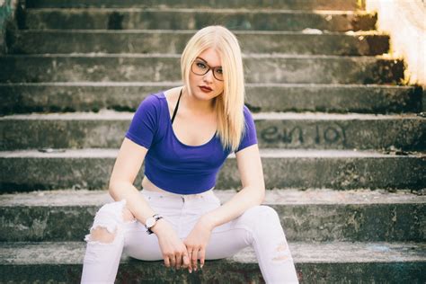 1080p Blonde Ash Blonde Women With Glasses Stairs Model Torn