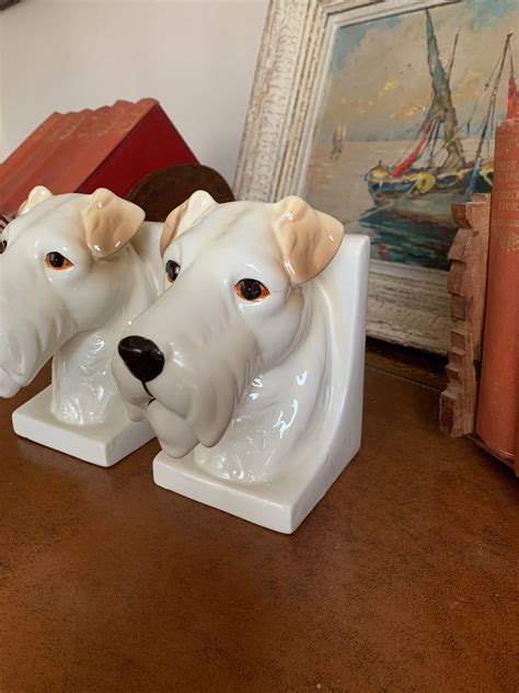 Beautiful Pair Of Vintage Ceramic Terrier Dog Bookends