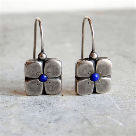Vintage Sterling Silver Lapis Lazuli Flower Earrings Ear Wires