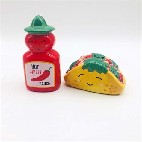 Salt And Pepper Shakers Taco And Chili Sauce Figural Pottery Etsy Uk Chili Sauce Tableware