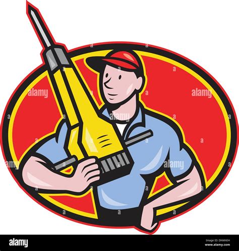 Illustration Of A Construction Worker With Jack Hammer Pneumatic Drill