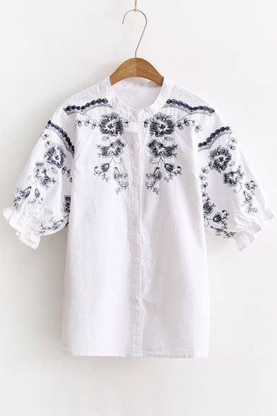 Button down shirts are timeless and versatile. Women's Embroidery Floral Pattern Half Sleeve Round Neck ...