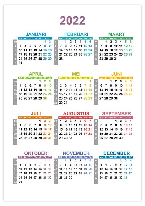 Kalender 2022 Met Weeknummers Jaarkalender 2020 En Maandkalender 2020