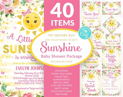 Little Ray Of Sunshine Baby Shower Party Package Editable Printable