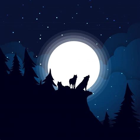 Loup à La Pleine Lune Pendant La Nuit Noire Vecteur Premium Pleine
