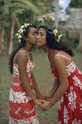 Women Exchange Cheek Kisses Tahiti Island Society Islands French