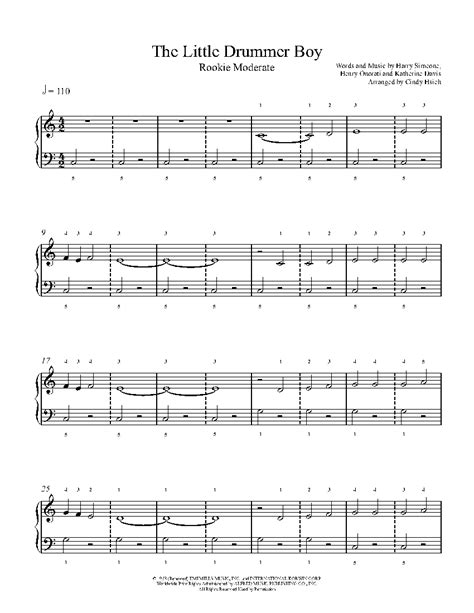 Violin (2), viola, cello, contrabass. The Little Drummer Boy by Harry Simeone Piano Sheet Music | Rookie Level