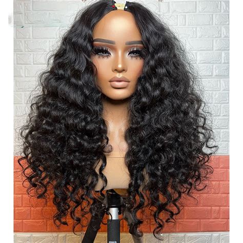 Soft 24 Inch Long Natural Black Kinky Curly U Part Wig European Remy Human Hair Wigs Jewish