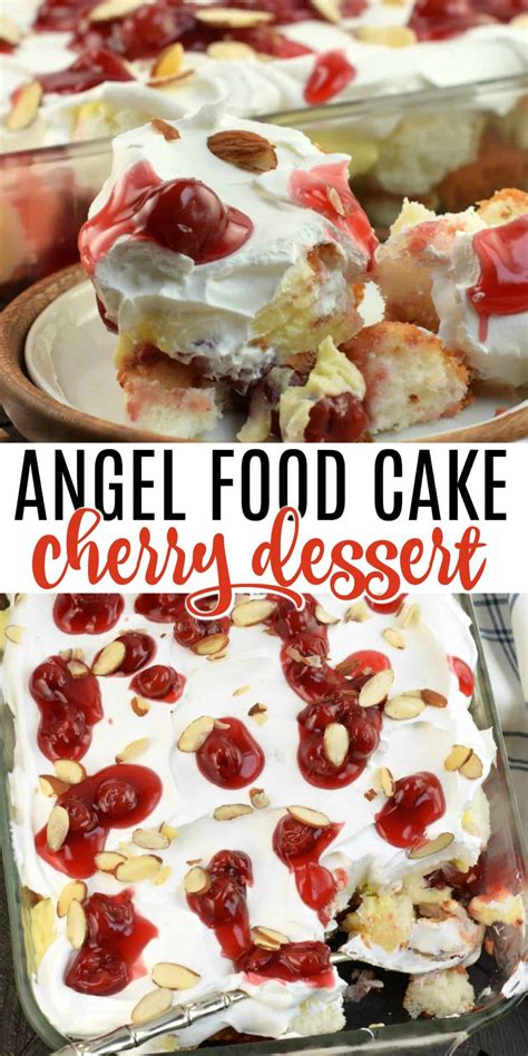 1 box angel food cake or 1 prepared angel food cake 1 package (3.4 ounces) instant vanilla pudding 1 1/2 cups milk 1 cup sour cream 1 can (21 ounces) cherry pie filling 1 tub (8 ounces) cool whip 1 tablespoon almond slivers, toasted. Heaven on Earth Cake Recipe {Angel Food Dessert}