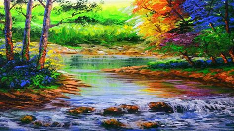 Acrylic Landscape Painting Tutorial With River And Autumn Trees Basic