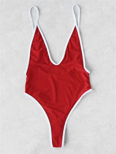 Red One Piece Swimsuit Plunge Neck Contrast Trim Monokini Monokini Summer Swim Suits Swimsuits