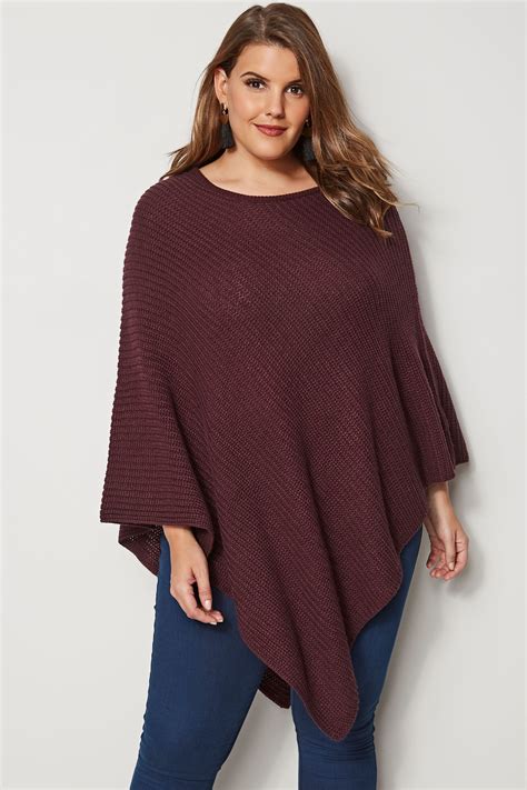 Burgundy Knitted Poncho Plus Size 16 To 32