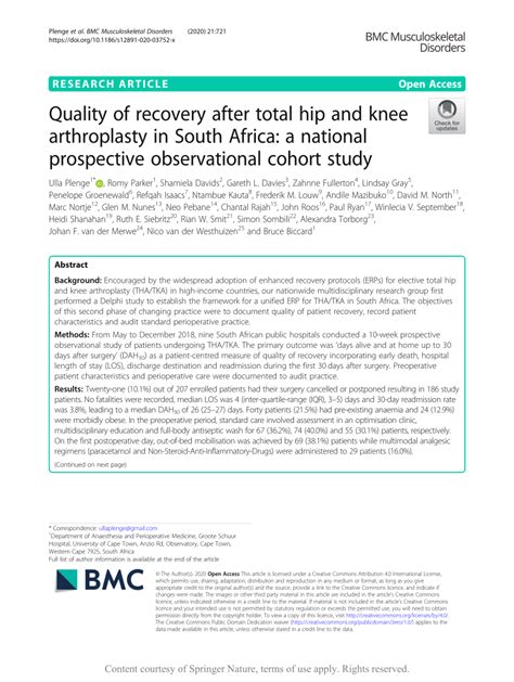 Pdf Quality Of Recovery After Total Hip And Knee Arthroplasty In