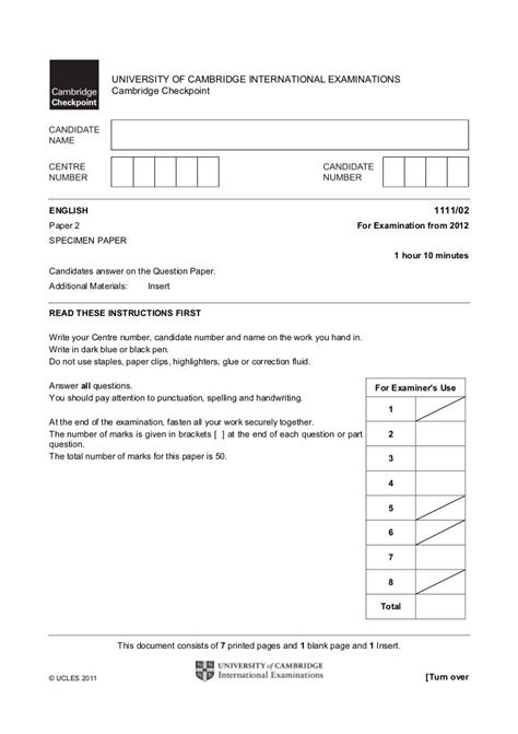Cambridge secondary checkpoint exam develops skills and understanding of students in english, mathematics and general science for the first three years of secondary level education. Cambridge checkpoint english p2 specimen 2012 | English ...