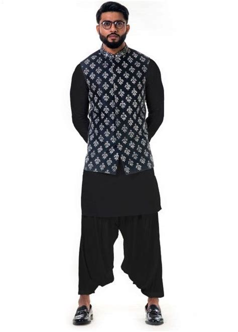 Black Linen Pathani Suit With Embroidered Jacket Black Linen