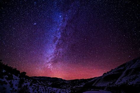 Mountains At Night With Milky Way Galaxy Stock Photo Download Image