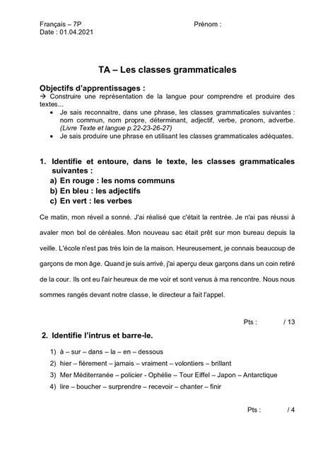 Fran Ais P Classes Grammaticales Exercices Ta Bdrp