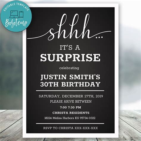 Editable Surprise 30th Mens Birthday Party Invitation Diy Bobotemp