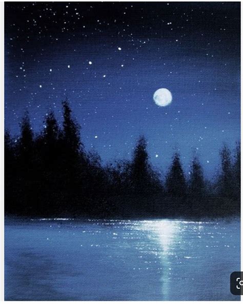 A Painting Of The Night Sky With Trees And Water