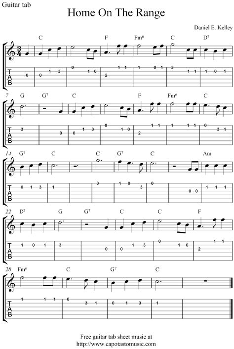 I can work it out from the piano score, but it takes time. Free guitar tablature sheet music notes, Home On The Range