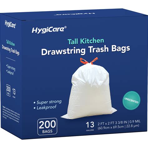 Hygicare 13 Gallon Tall Kitchen Trash Bag 200 Count Unscented Super