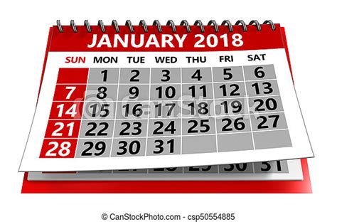 3d Illustration Of January 2018 Calendar Isolated Over White Background