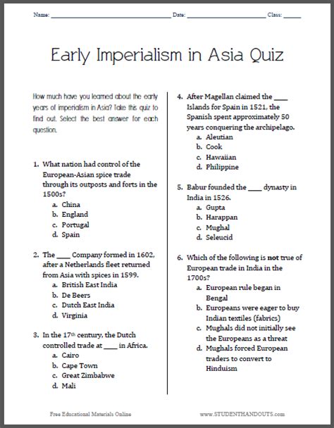 Early Imperialism In Asia Pop Quiz Student Handouts