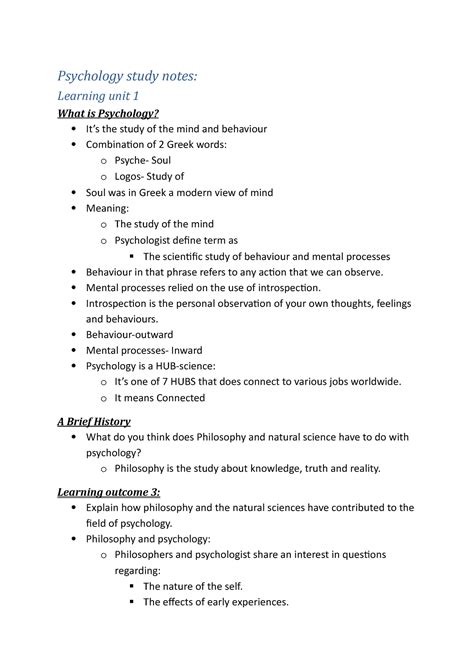 Psychology Study Notes Psychology Study Notes Learning Unit 1 What