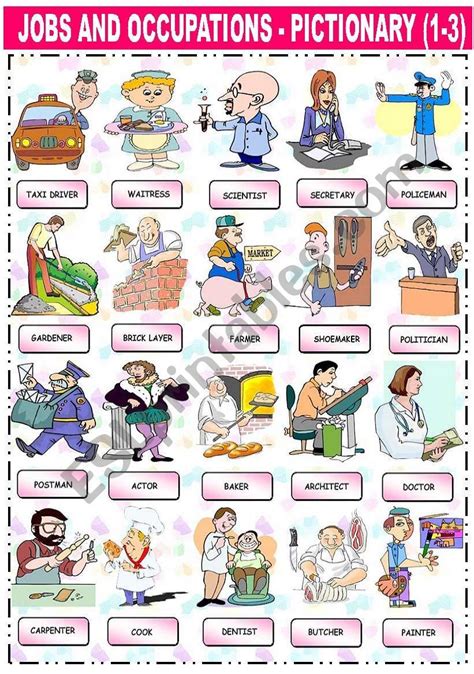 Jobs And Occupations Pictionary 1 3 Esl Worksheet By Katiana