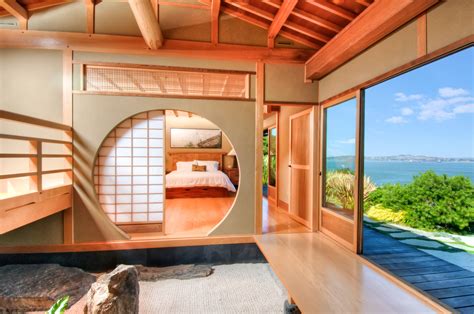 Japanese Inspired Bedroom With Round Doorway And Shoji Screen Also Interior Paint Ideas With Wood Beams And Indoor Garden Plus Wood Decks Japanese Ceiling Beams 