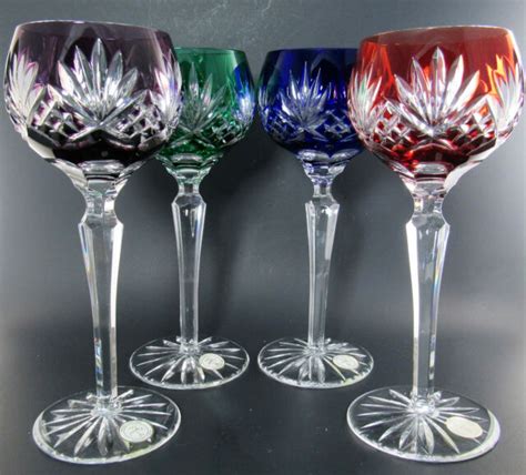 Set Of 4 Multi Color To Clear Crystal Cut Glass Wine Goblets Made In